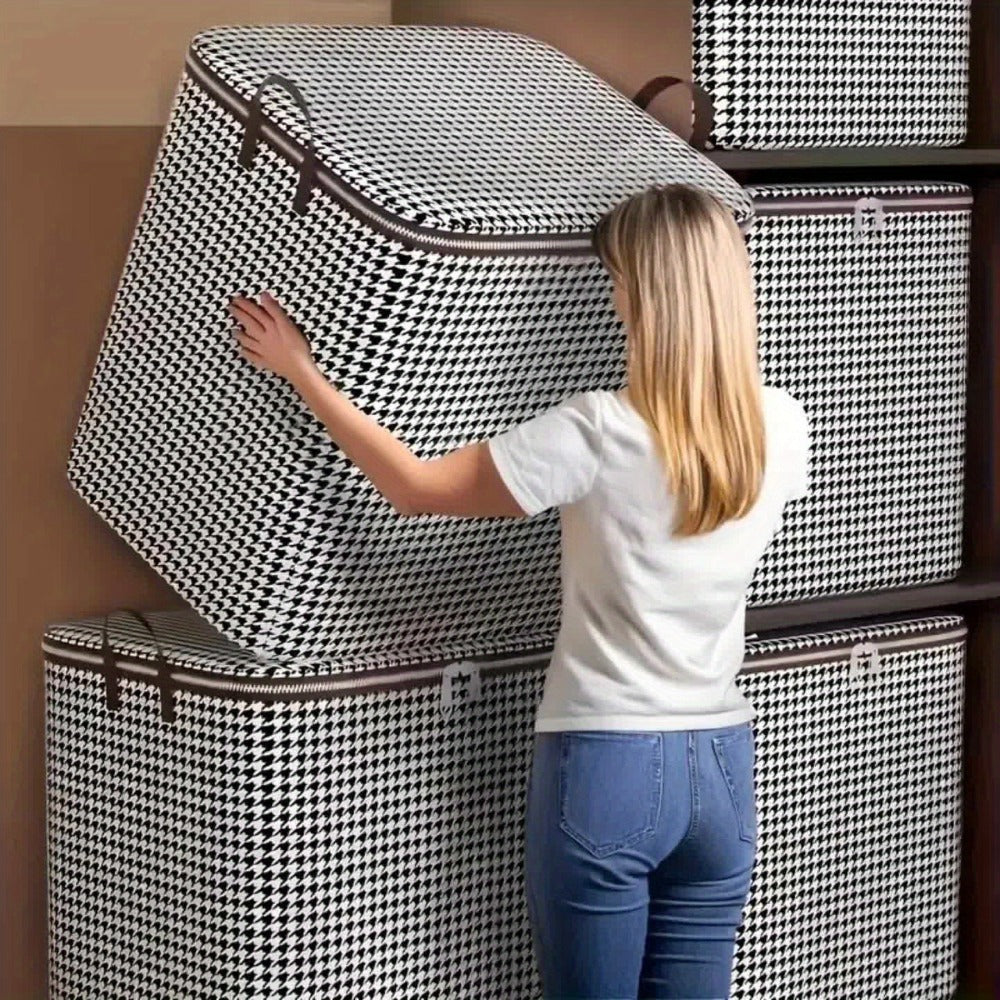 Large Storage Bags Houndstooth Non-Woven Fabric Organizer with Double Zipper & Handles ¨C 160L/180L Dustproof Foldable Storage Box for Bedroom, Closet, Moving, Travel & Dorm, 1pc or 3pcs Set