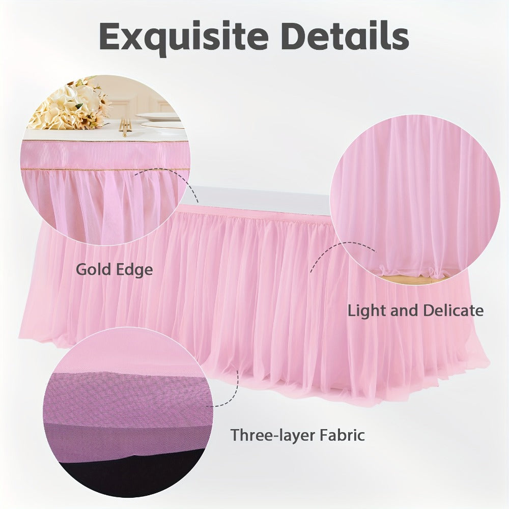 Pink Tutu Table Skirt 6ft ¨C Ruffle Tulle Table Skirt for Rectangle & Round Tables, Princess Girls Birthday Party, Cake Dessert Table Decor, Gold Brim, Multiple Colors Available