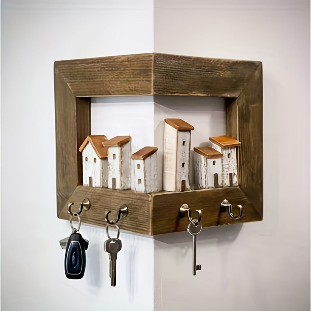 Wall Mounted Key Rack with Hooks - Rustic Wooden Key Holder with 6 House Hooks, Entryway Storage Organizer for Home Bedroom Wall Decor