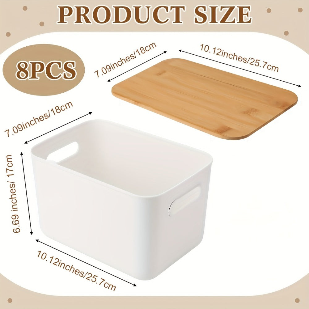 Plastic Storage Bins with Wood Lids Stackable Organizer with Handle and Labels for Home Office Kitchen Bedroom Closet Playroom 1 2 4 8 Pack