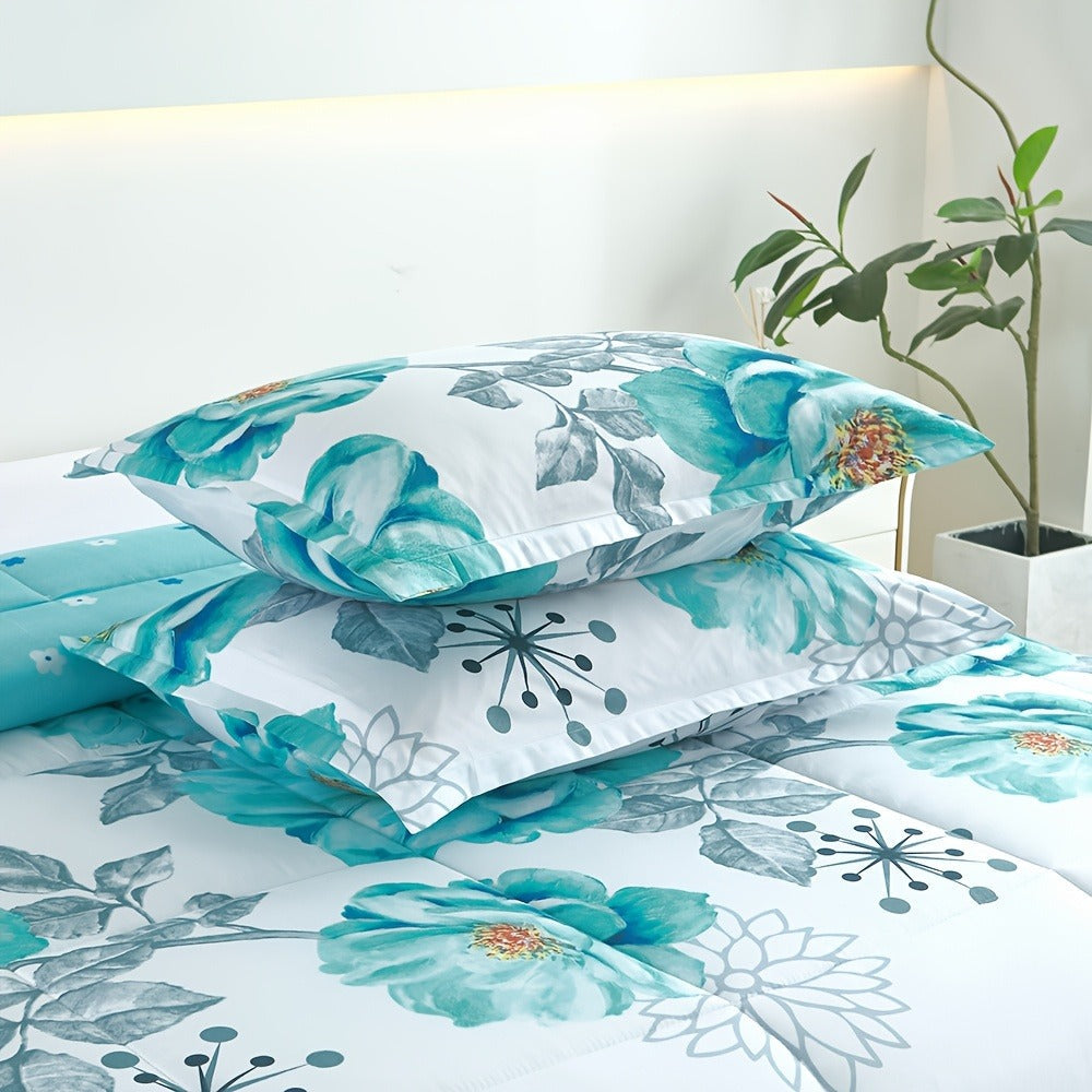 Teal Floral Comforter Set Twin Queen King Gradient Oil Painting Style Botanical Luxury Quilt Bedding Soft Microfiber All Season Bed in a Bag Gift
