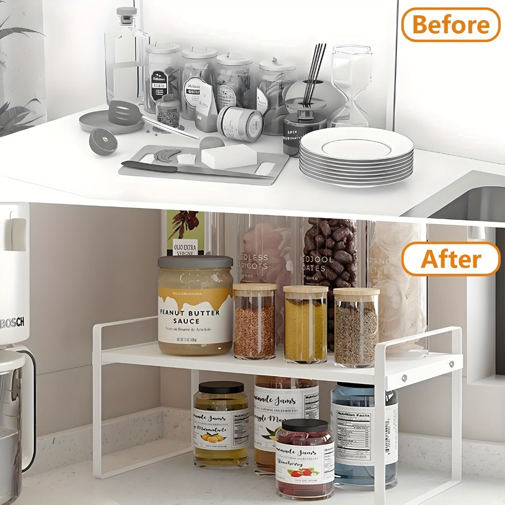 Expandable Cabinet Shelf Organizer Riser ¨C Height Adjustable Retractable Rack with Suction Cup Base for Kitchen Pantry Cupboard Under Sink Countertop, Heavy Duty Metal Space Saver, Stackable Storage