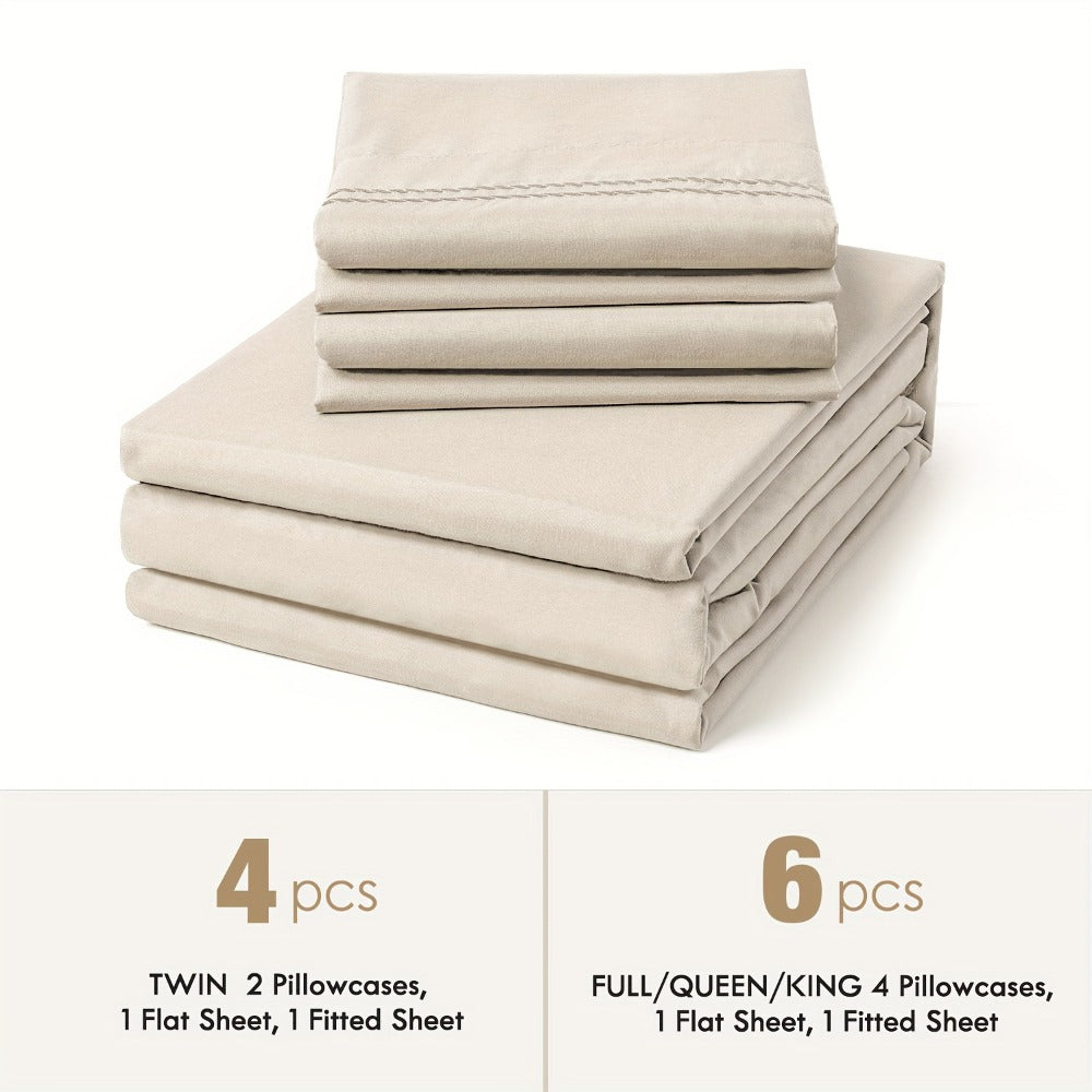 Bed Sheet Set Deep Pocket Soft Microfiber - Fitted Sheet Flat Sheet & Pillowcases Twin Full Queen King - Cooling Breathable Fade Resistant Sheets for Daily Use Dorms Guest Rooms