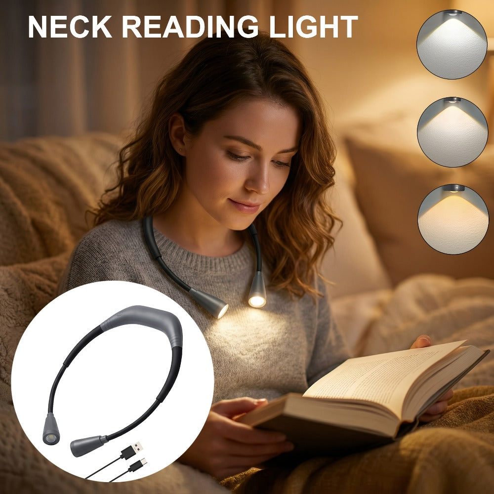 LED Neck Reading Light USB Rechargeable, 3 Color Modes Adjustable Brightness Hands-Free Book Light for Reading in Bed, Knitting, Crafts, Camping & Bedroom, Portable Wearable Neck Lamp