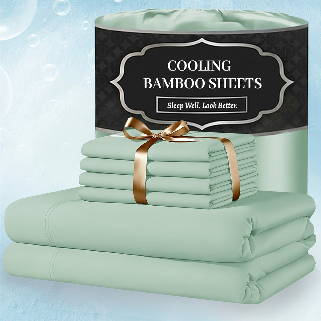 Bamboo Bed Sheet Set 4 Piece Extra Deep Pocket Cooling Breathable Soft Wrinkle Free Hotel Luxury Fitted Sheet Flat Sheet Pillowcases Twin Full Queen King