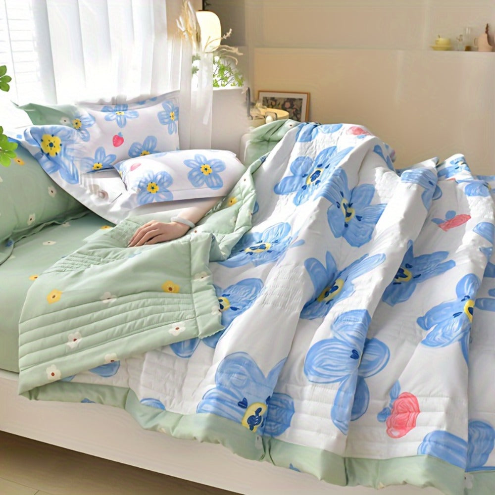 Quilt Set 3 Piece Summer Cooling ¨C Floral Printed Thin Comforter with 2 Pillowcases, Soft Skin-Friendly Bedding for Twin Full Queen King, All Season Lightweight Blanket for Bedroom Hotel Guest Room