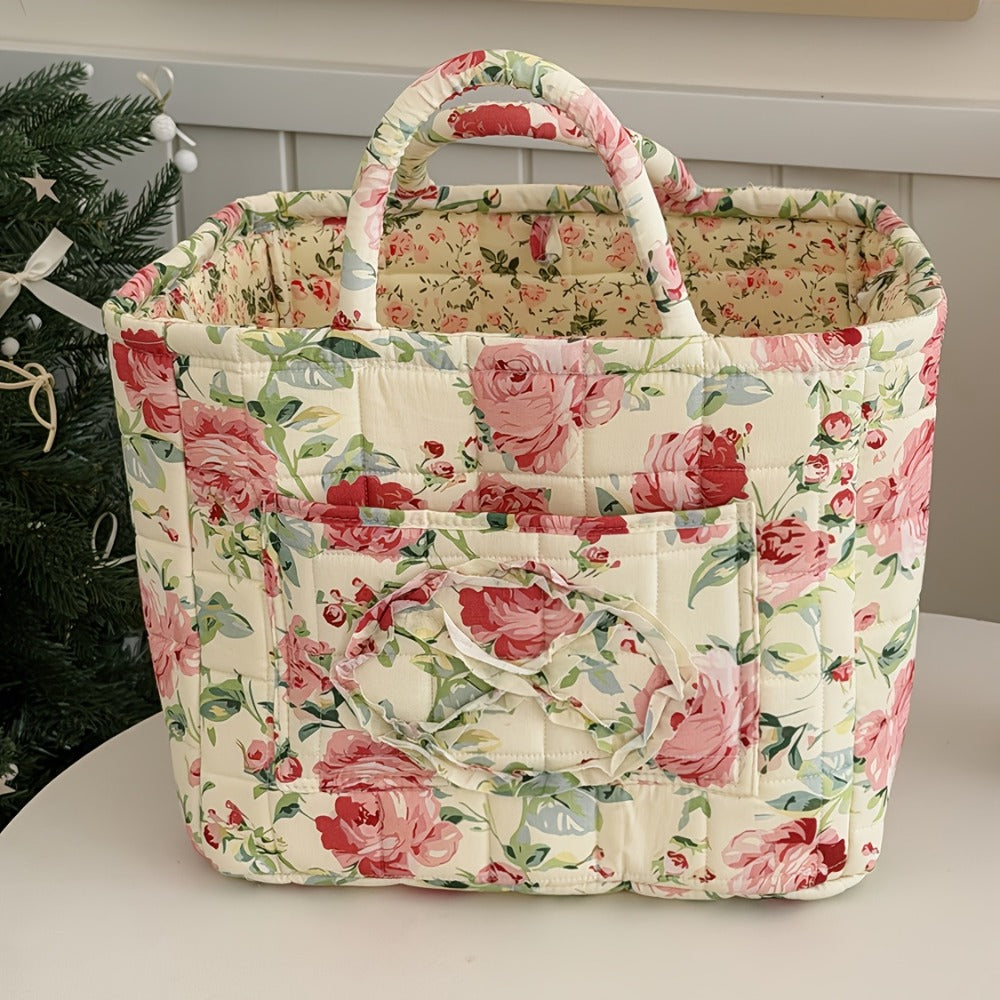 Floral Storage Basket Large Capacity Quilted Vintage Flower Pattern Portable Home Organizer Basket for Shelf Bedroom Closet Living Room Pink Peony Red Marigold Boho Decor