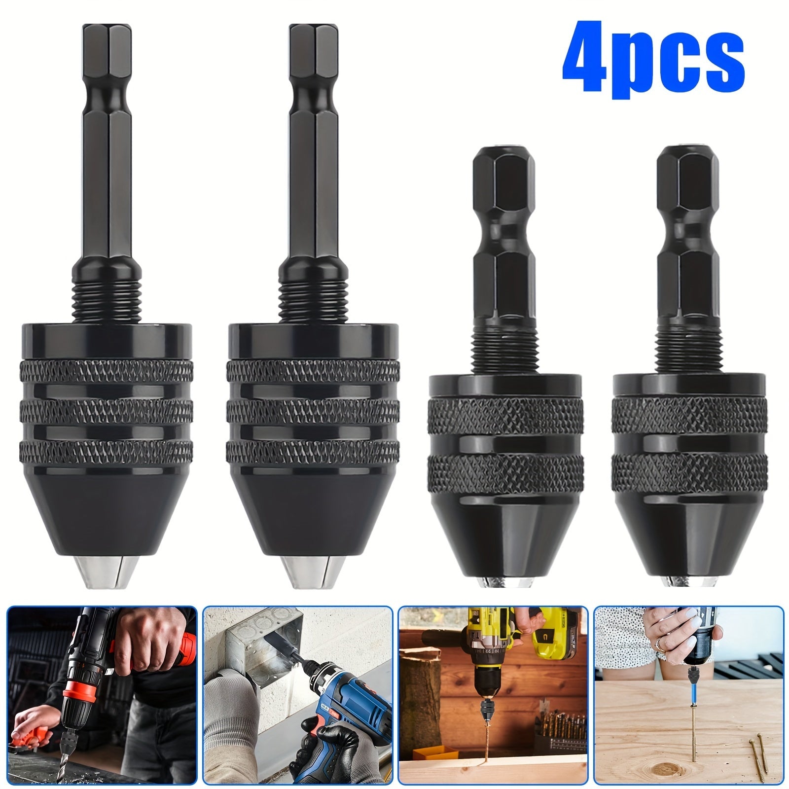 Keyless Drill Chuck Adapter 4PCS 1/4 Inch Hex Shank Quick Change 0.3-6.5mm 0.3-3.6mm Collet Screwdriver Impact Driver Converter for Drill Bits Electric Screwdriver