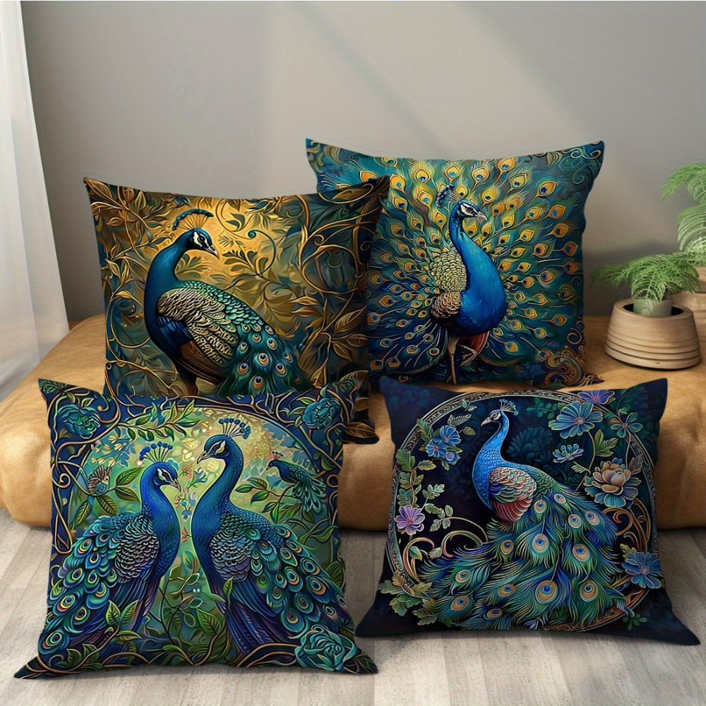 Cushion Covers 18x18 Set of 4 Vintage Peacock Oil Painting Boho Plush Throw Pillow Cases with Zipper Machine Washable for Living Room Bedroom Home Decor
