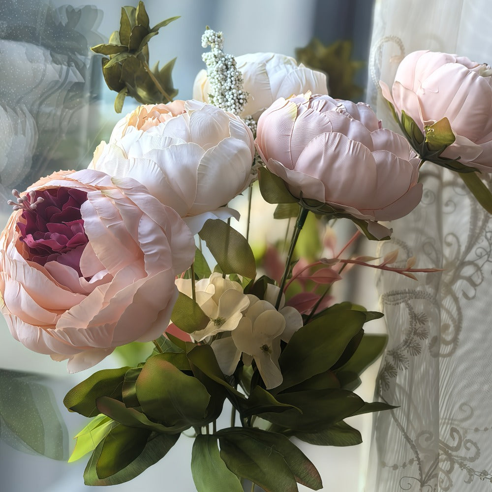 Faux Peonies Hydrangeas Artificial Flowers Vintage Silk Bouquet - Pink Green Mix Floral Centerpiece for Bridal Wedding Home Table Decor Rustic Farmhouse Arrangement