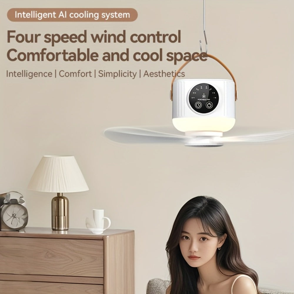 Camping Fan with Light & USB Rechargeable | Portable Outdoor Tent Fan with Tripod Stand, Detachable Blades, Adjustable Speed & Brightness for Camping, Bedroom, Dormitory & Travel Use ¨C Silent Operation