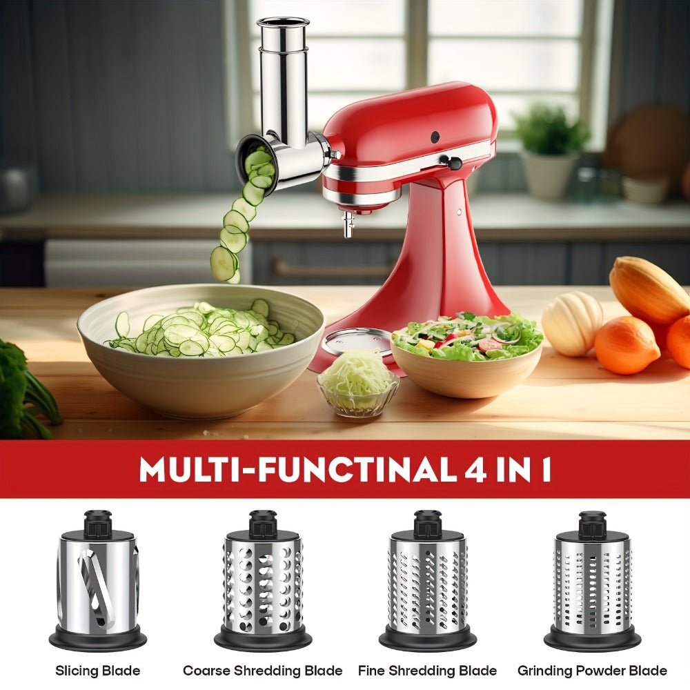 Stainless Steel Slicer Shredder Attachment for Stand Mixers with 4 Dishwasher Safe Blades ¨C Multi-Function Vegetable Fruit Cheese Grater Salad Maker & Powder Grinder for Carrots Potatoes