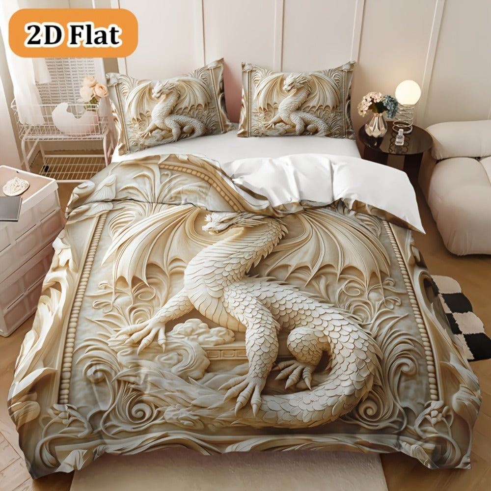 Dragon Print Duvet Cover Set 3-Piece ¨C Boho Dragon Totem Bedding, Soft Polyester Comforter Cover with 2 Pillowcases, Twin Full Queen King, Dorm Room Decor