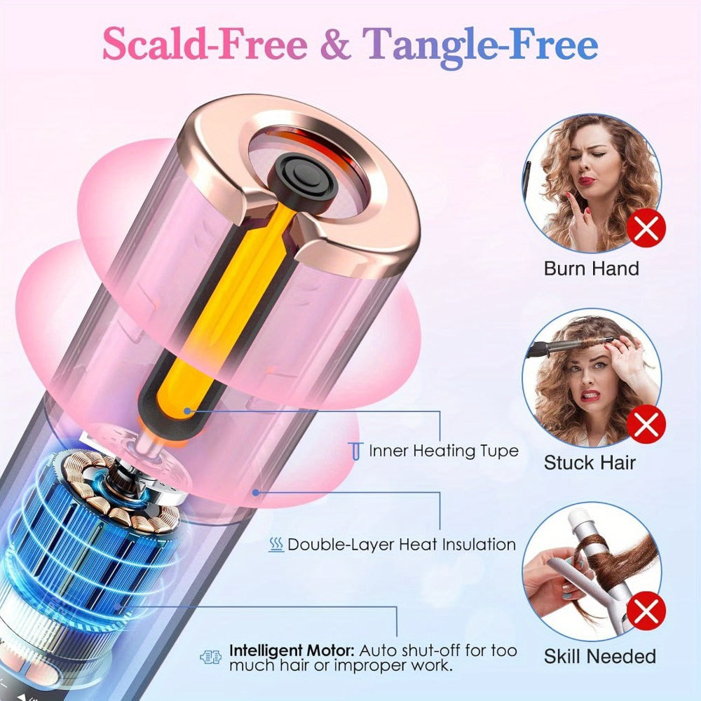 Cordless Curling Iron 1 Inch USB Rechargeable, Automatic Rotating Ceramic Curling Wand with 6 Heat Settings LCD Display, Scald-Free Detangle Hair Curler for All Hair Types Wet Dry Styling
