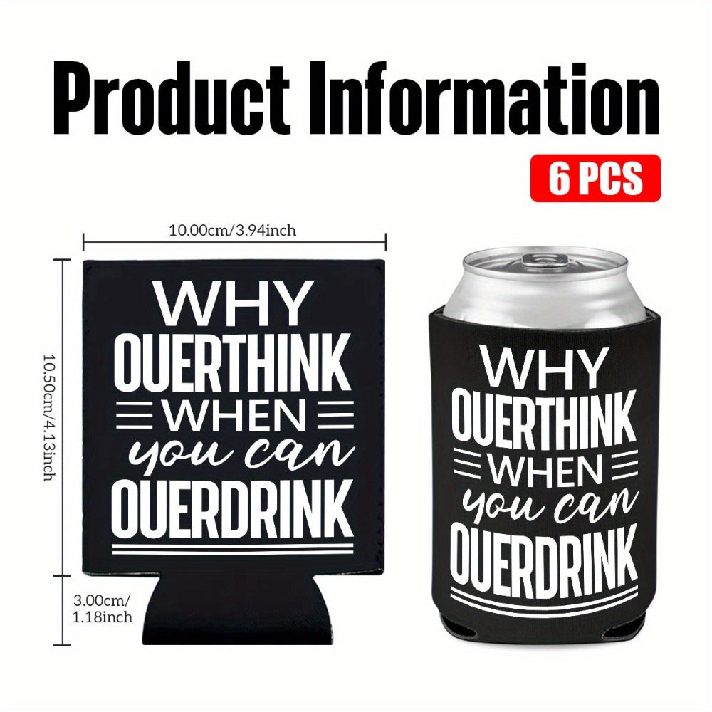 6-Pack Neoprene Beer Can Coolers with Funny Drinking Phrases - Insulated Drink Sleeves for Soda & Lager - Durable Cylindrical Can Huggers for Bachelorette, Oktoberfest & Camping Parties
