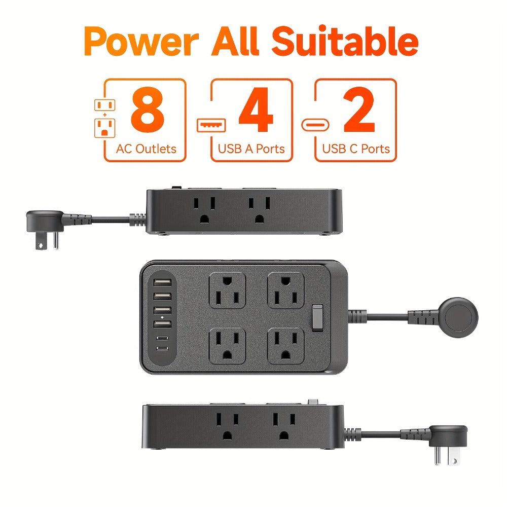 Power Strip Outlet Extender Surge Protector 8 AC Outlets 6 USB Charging Ports 4 USB-A 2 USB-C 3 Inch Short Cord Desk Charging Station for Home Dorm Office Travel White Black