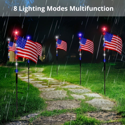 4th of July Solar Ground Stake Lights | Red White Blue National Flag Outdoor Lights 8 Modes | Solar Walkway Lights for Independence Day Memorial Day Porch Patio Garden Decor