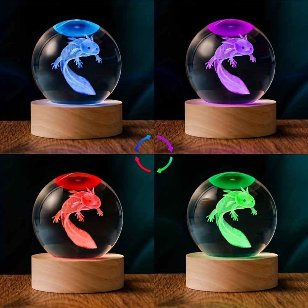 3D Axolotl Crystal Ball Night Light ¨C USB Powered LED Colorful Gradient Glow Orb Atmosphere Lamp with Bamboo Base, Amphibian Figurine Desk Light for Home Decor, Bedroom, Kids Room & Unique Gift (2.36in)