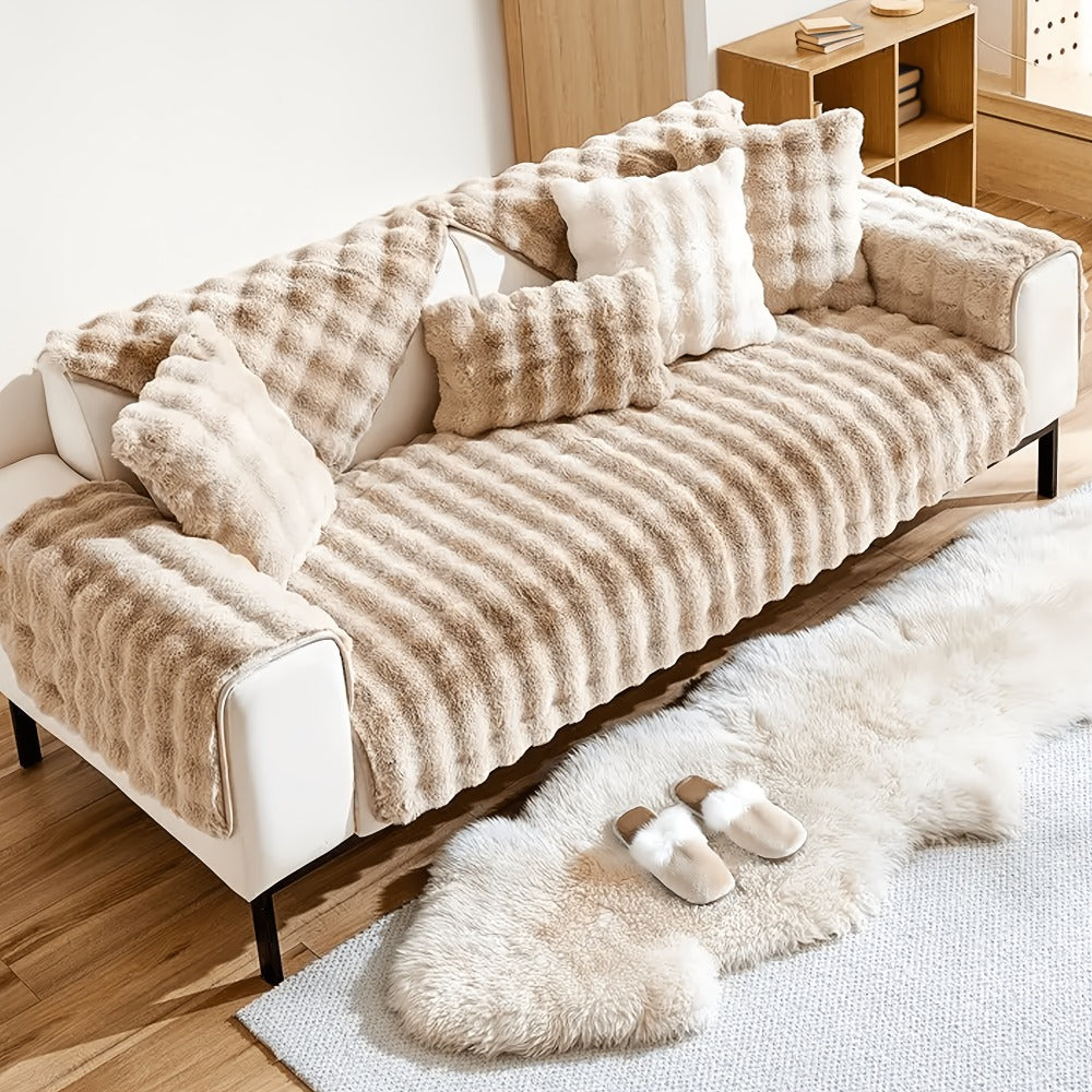 Bubble Soft Faux Rabbit Fur Sofa Cover - Non-Slip Silicone Backing Stretchable Slipcover Pet Friendly Machine Washable for Living Room Bedroom Dorm, 4 Colors Multiple Sizes