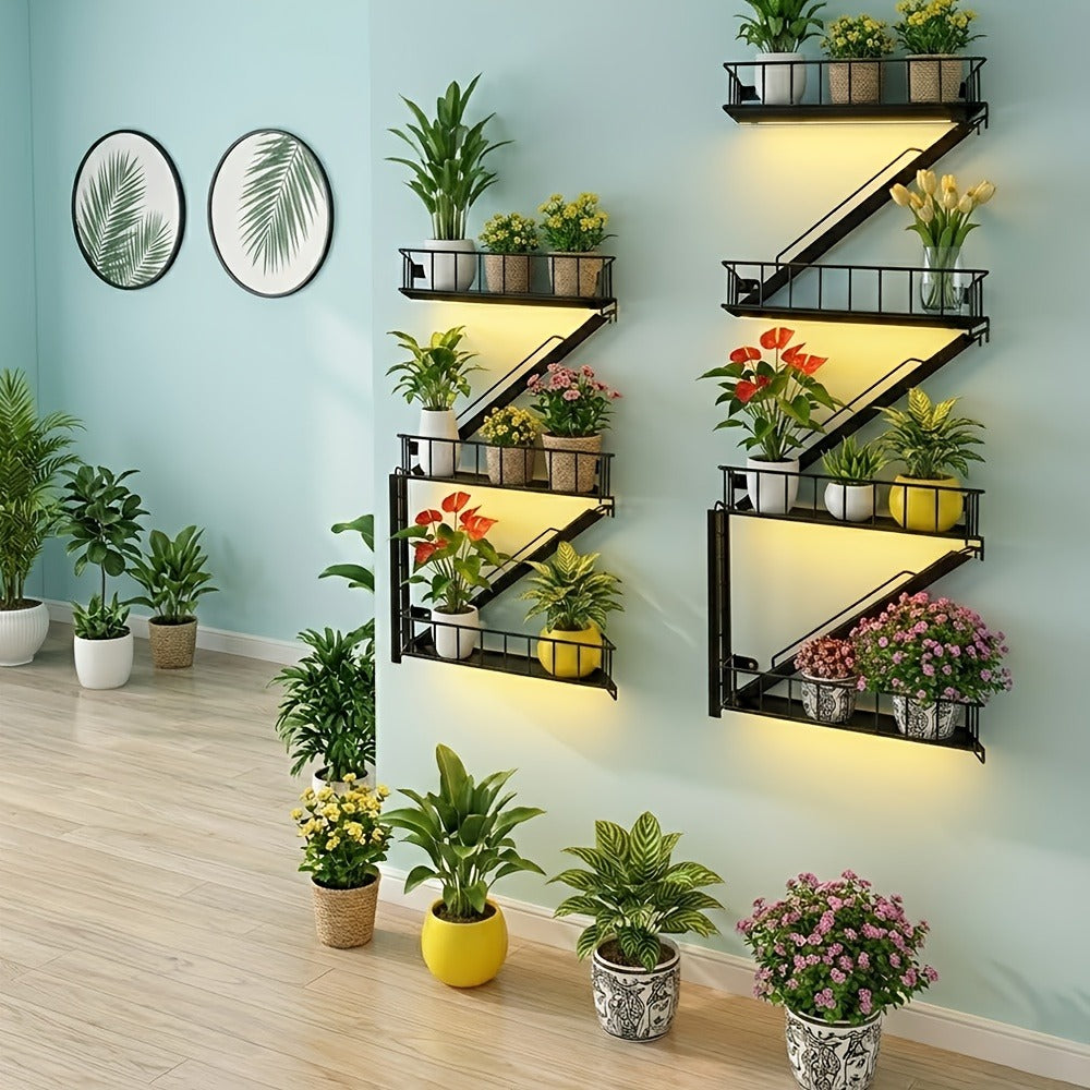 Wall Mounted Staircase Shelf with Hooks, Multi-Level Iron Storage Rack Floating Shelves for Bedroom Living Room Kitchen, Contemporary Metal Wall Organizer Home Decor Display