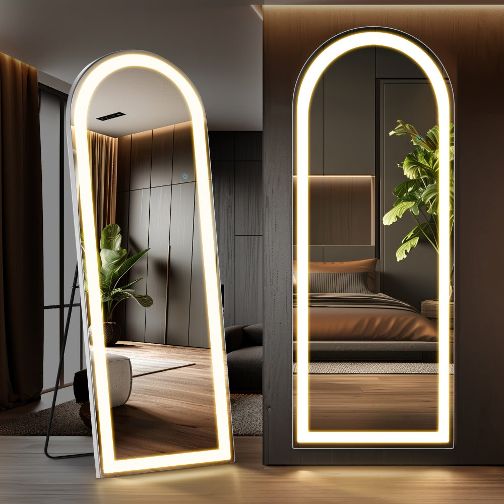 Full Length Mirror with LED Lights & Touch Sensor ¨C 64¡±x21¡± Dimmable Smart Floor Mirror, Wall Mount or Freestanding, Slim Modern Frame for Bedroom, Vanity & Dressing Room
