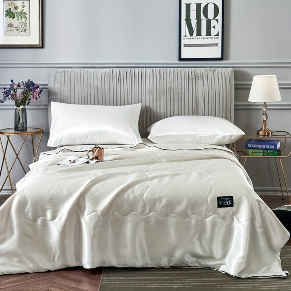 Cooling Satin Quilt Summer Comforter Ultra-Soft Breathable Lightweight Blanket, Machine Washable Satin Weave Bedspread for Home Dorm Hotel, Twin Full Size, White Silvery Grey Pink Lake Blue