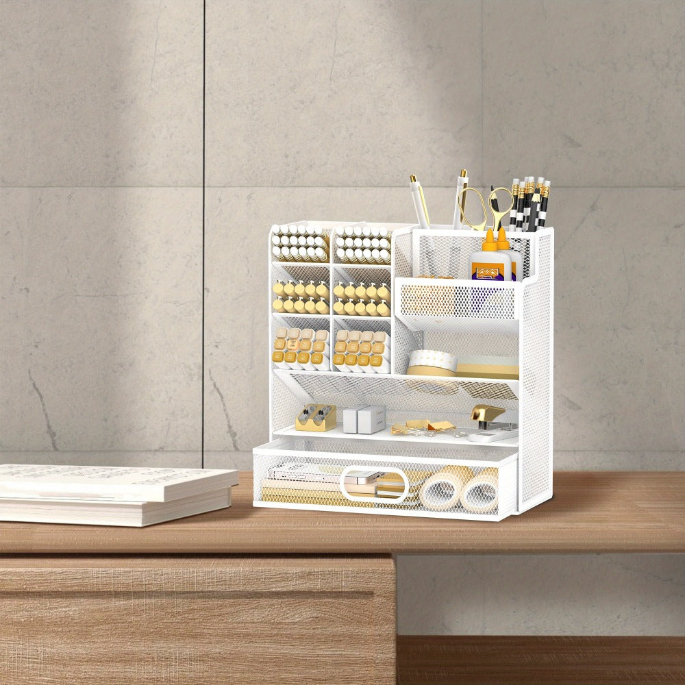 Mesh Desk Organizer with Drawer ¨C Multifunctional Desktop Pen Holder & Office Supply Organizer for Home Office, School & Art Studio ¨C Pencil Cup Caddy with Storage Compartments, Multiple Colors Available