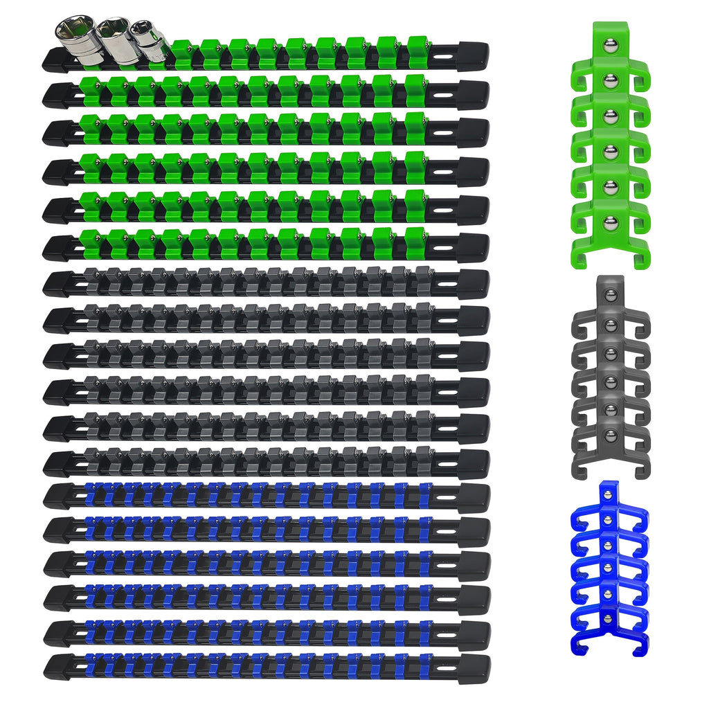 Socket Organizer Set with Rails ¨C Heavy Duty ABS Socket Holder Rack for 1/4¡±, 3/8¡± & 1/2¡± Drive ¨C Tool Storage Kit for Toolbox, Garage & Workshop Organization (6, 9 or 18 Piece)