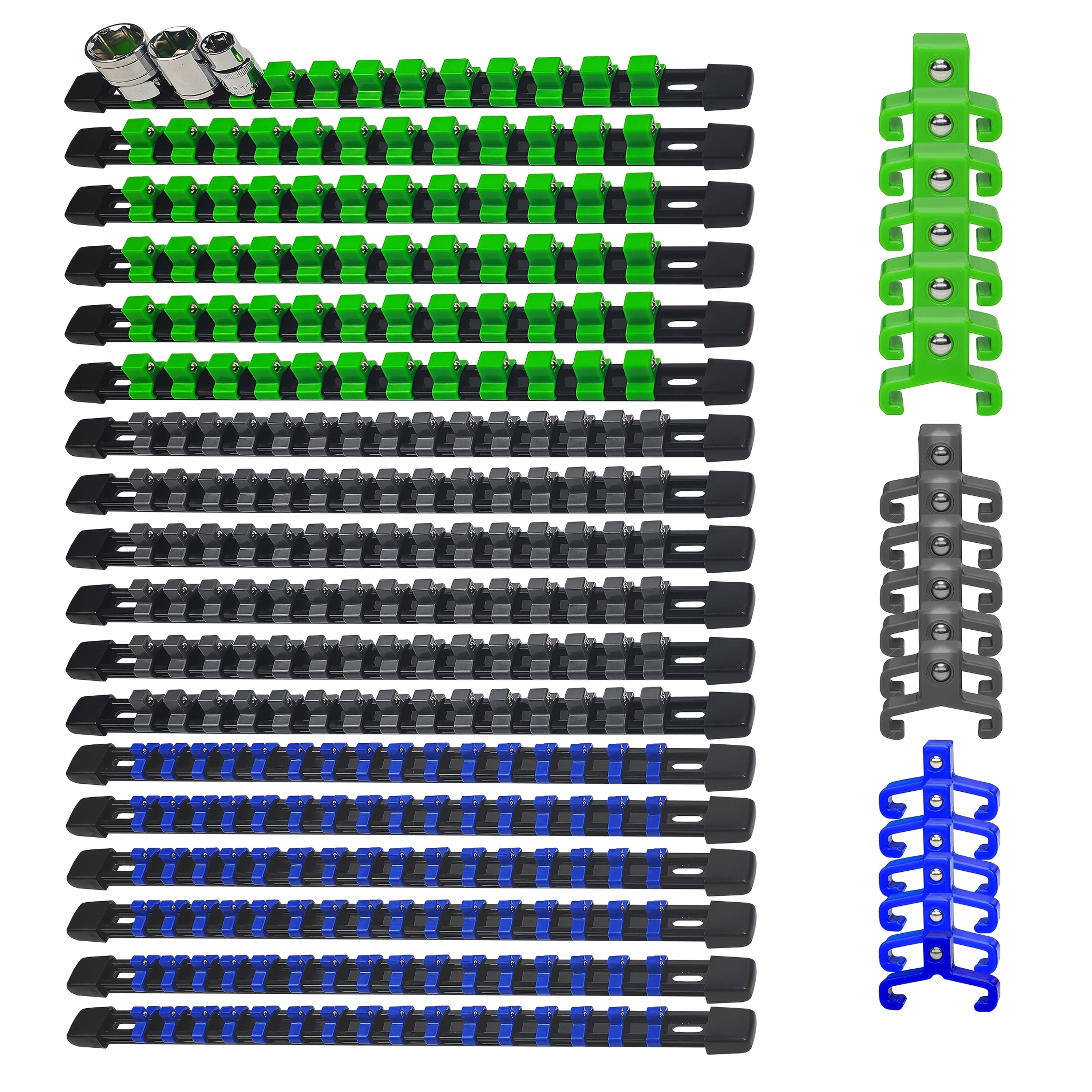 Socket Organizer Set with Rails ¨C Heavy Duty ABS Socket Holder Rack for 1/4¡±, 3/8¡± & 1/2¡± Drive ¨C Tool Storage Kit for Toolbox, Garage & Workshop Organization (6, 9 or 18 Piece)