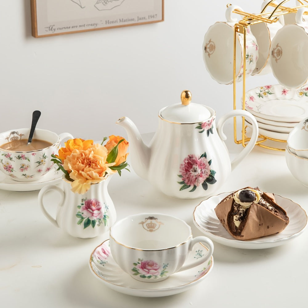 Porcelain Tea Set for 6 - 22 Piece British Royal Floral Service with Teapot, Cups & Saucers, Sugar Bowl, Cream Pitcher & Tea Strainer