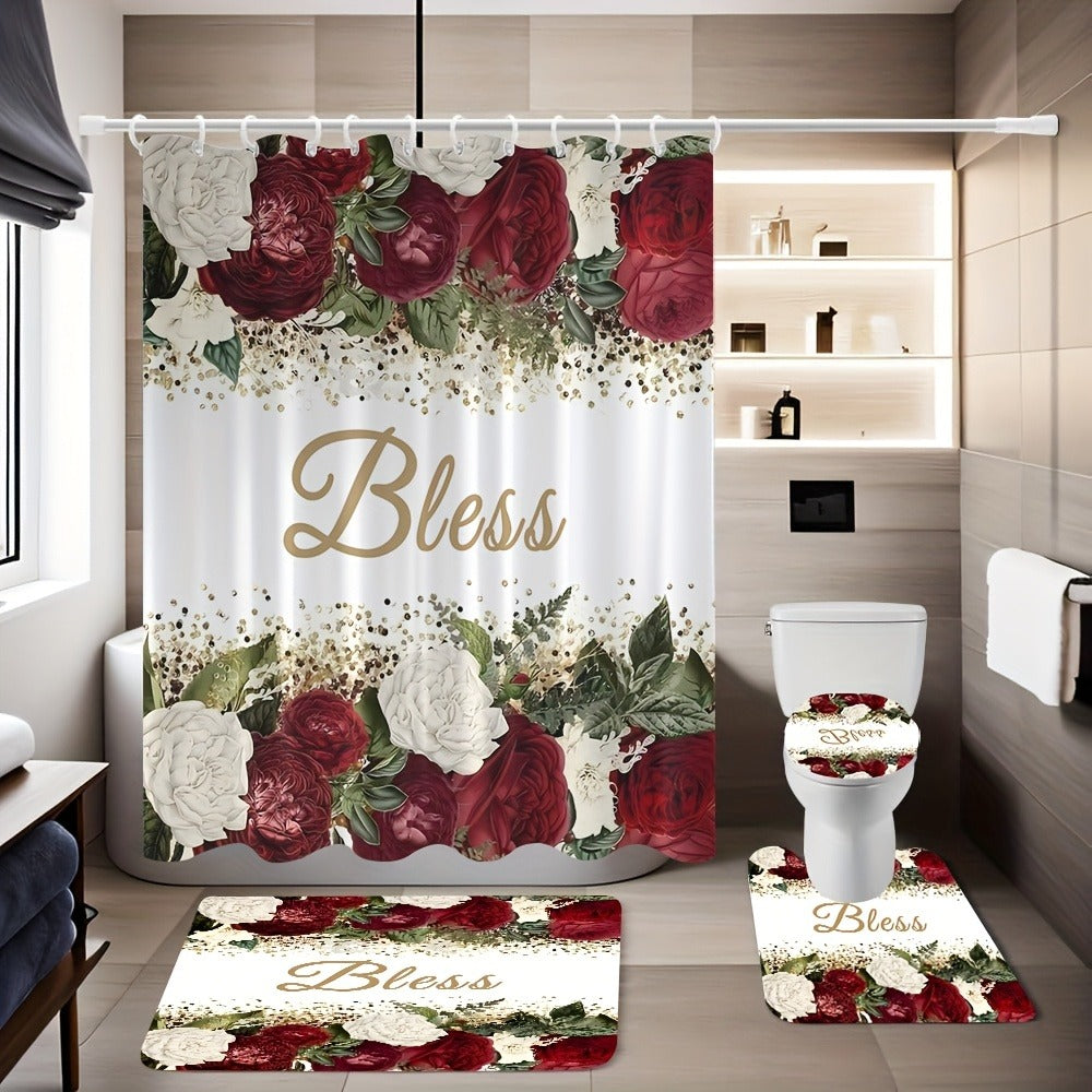 Rose Print Shower Curtain 4-Piece Bathroom Set ¨C Toilet Lid Cover Mat Machine Washable with 12 Hooks Elegant Floral Decor