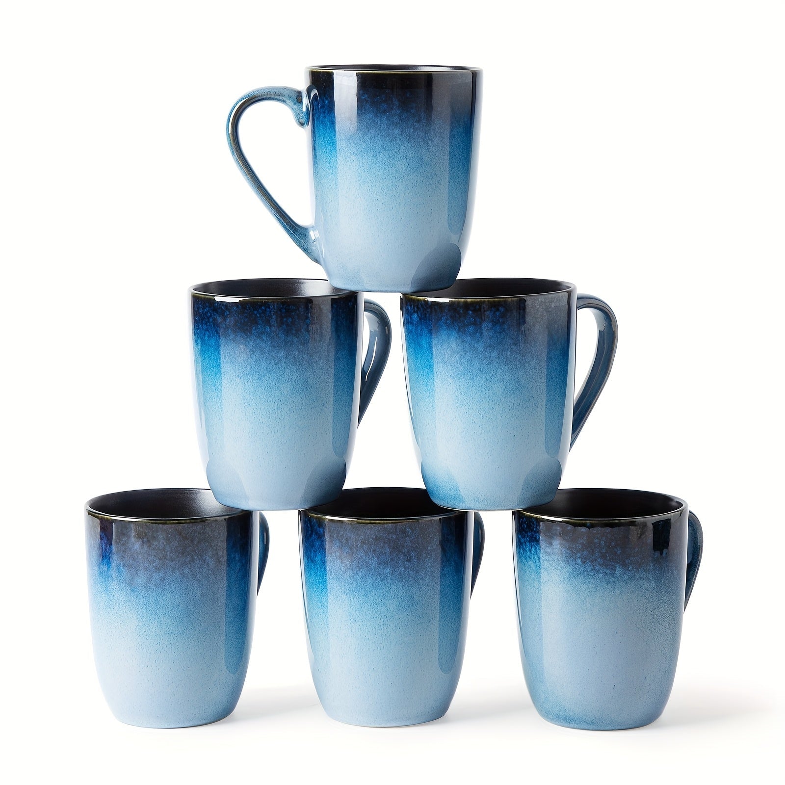 Gradient Blue Ceramic Mugs Set of 6 ¨C 14 Oz Reaction Glaze Coffee Mugs ¨C Durable Stain-Resistant Unique Design ¨C Perfect for Coffee, Tea & Gifting at Weddings, Parties & Holidays