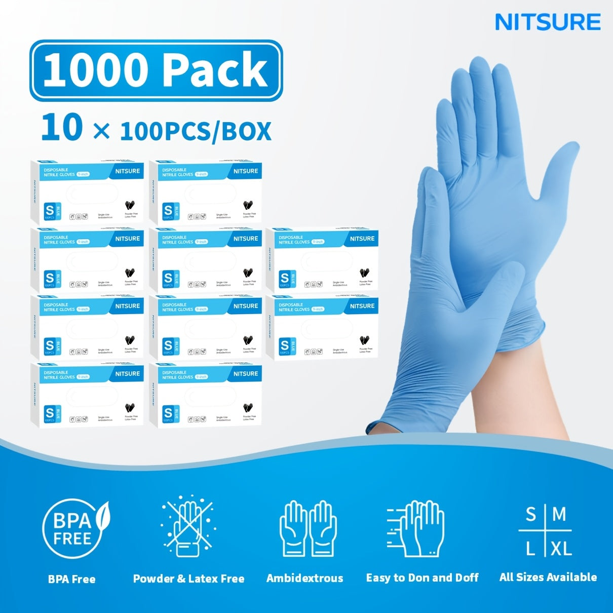 Blue Nitrile Disposable Gloves 5.5 Mil, Bulk Pack 101/201/501/1000 Count, Latex-Free Powder-Free Chemical Resistant Elastic Fit, for Household Cleaning, Tattooing, Painting, Car Washing & Maintenance