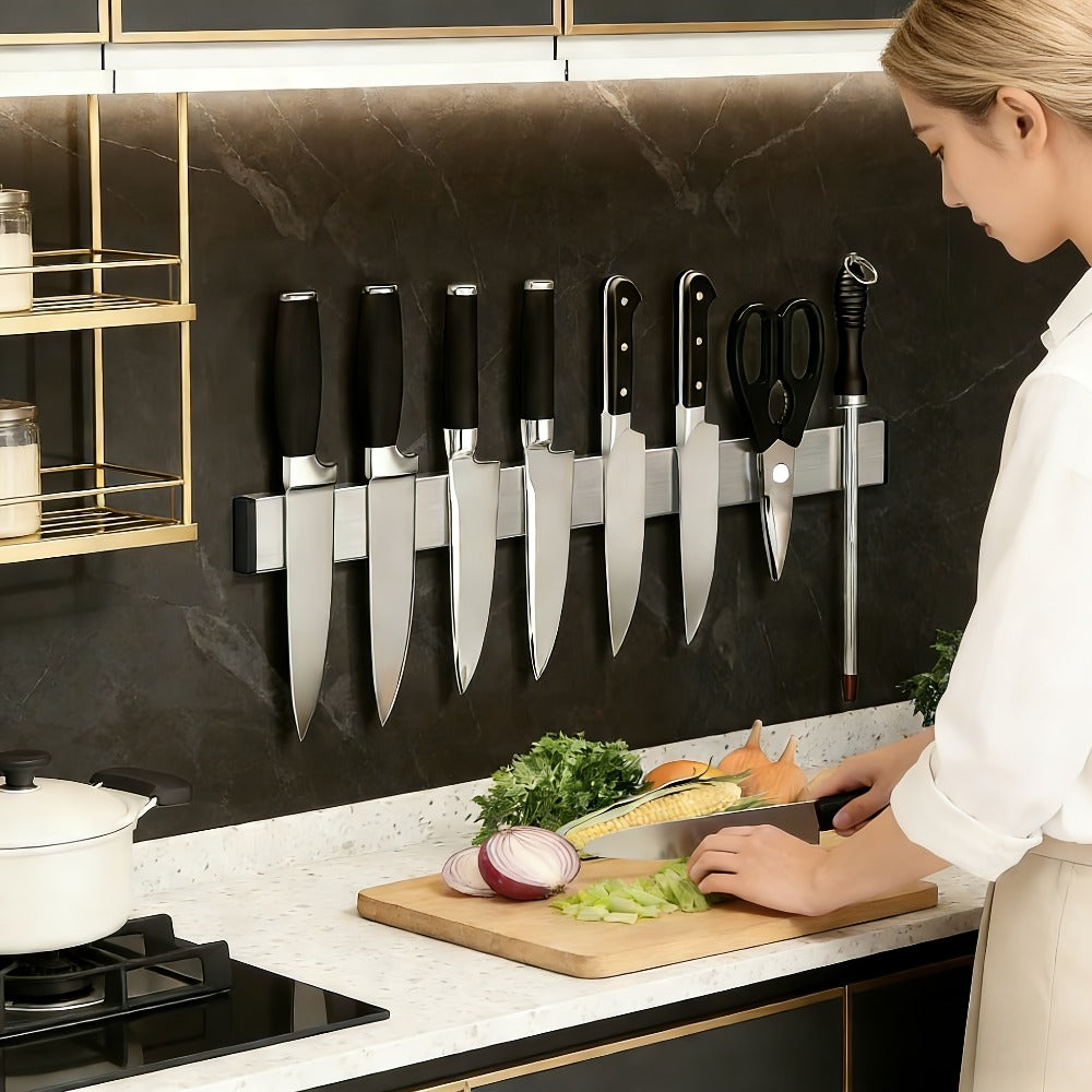 Magnetic Knife Holder Wall Mounted ¨C Stainless Steel Punch-Free Knife Strip Rack for Kitchen, Holds Chef Knife Santoku Bread Knife, No-Drill Knife Bar for Home Restaurant Kitchen Organization
