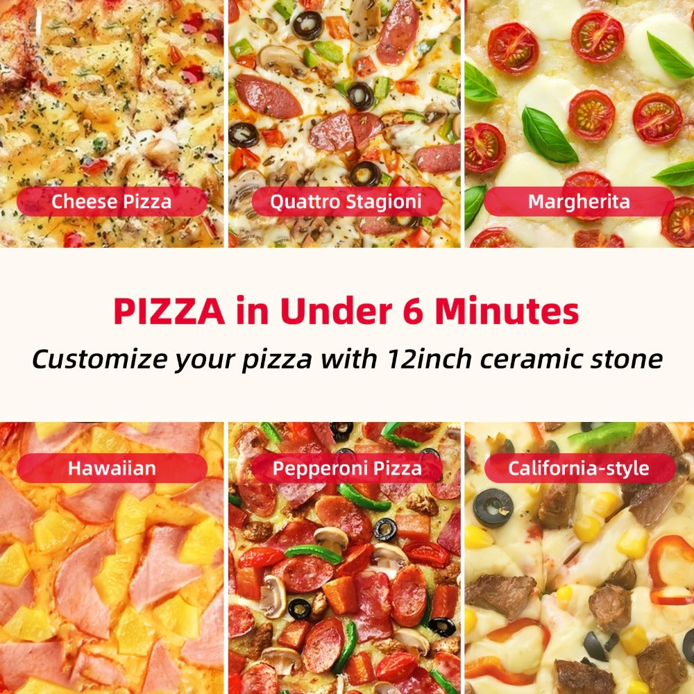 Indoor Pizza Oven 12 Inch Countertop Electric Pizza Maker 1200W ¨C Reaches 800¡ãF in Minutes, Dual Knob Control, Ceramic Stone, Transparent Window, Anti-Scald Handles for Home Kitchen