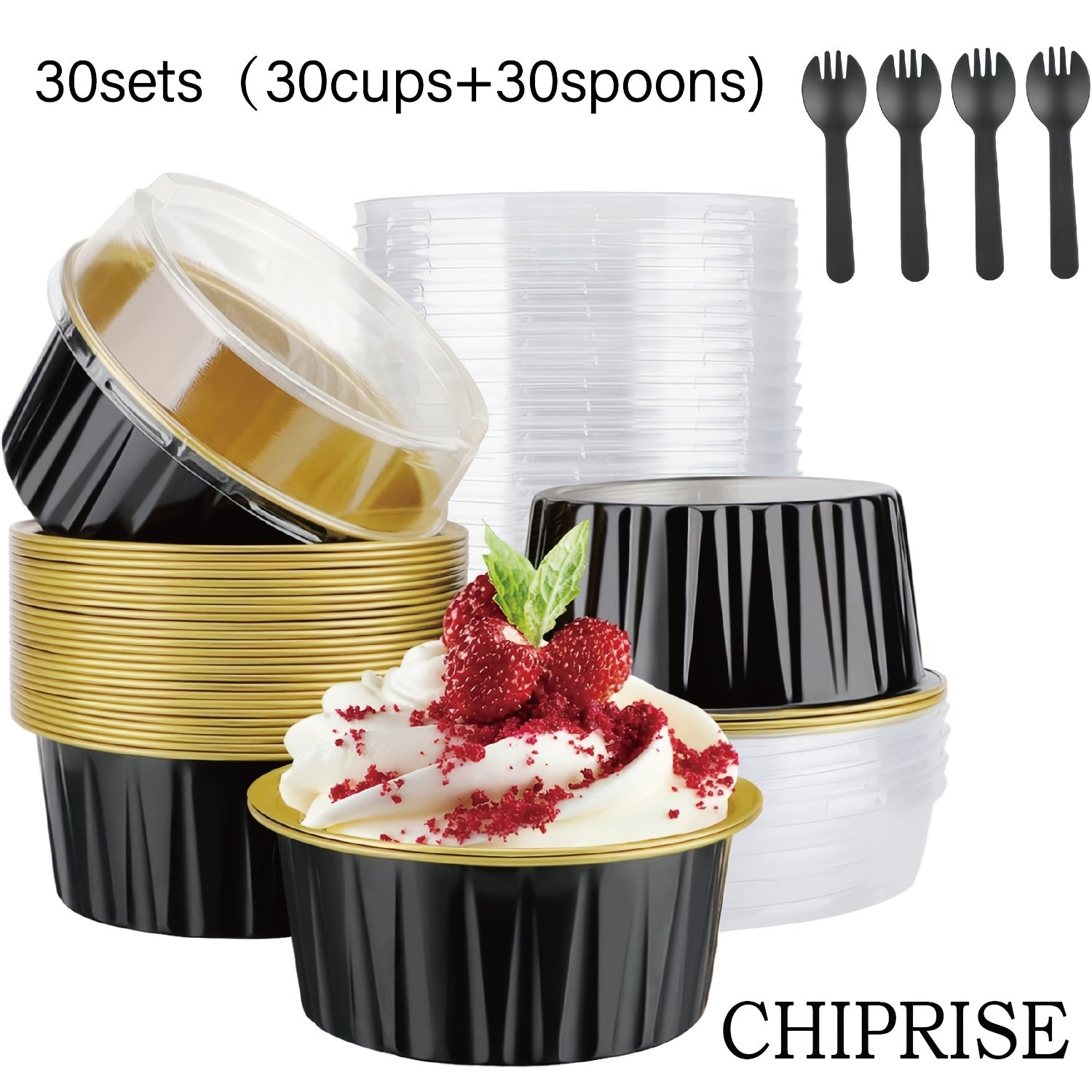 Aluminum Foil Baking Cups with Lids, Disposable Cupcake Molds with Spoons, Oven Safe Foil Dessert Cups for Pudding Muffins Mousse, Party Baking Supplies for Weddings Birthdays, 30 or 50 Sets