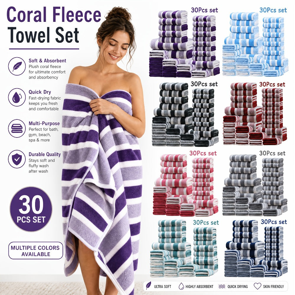 Bath Towel Set 30 Piece Coral Fleece Super Soft Quick Dry Fast Absorption Lightweight Large Wide Towels for Home Hotel Spa Gym Camping Christmas Gift Red Gray Green Navy Blue Purple Brown