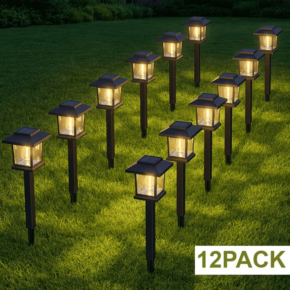 Solar Pathway Lights Outdoor Edison Style LED ¨C Up to 12 Hours Auto On/Off IP44 Waterproof | Warm White Solar Garden Lights for Yard, Driveway & Walkway | Black & Brown Upgraded Stake Lights