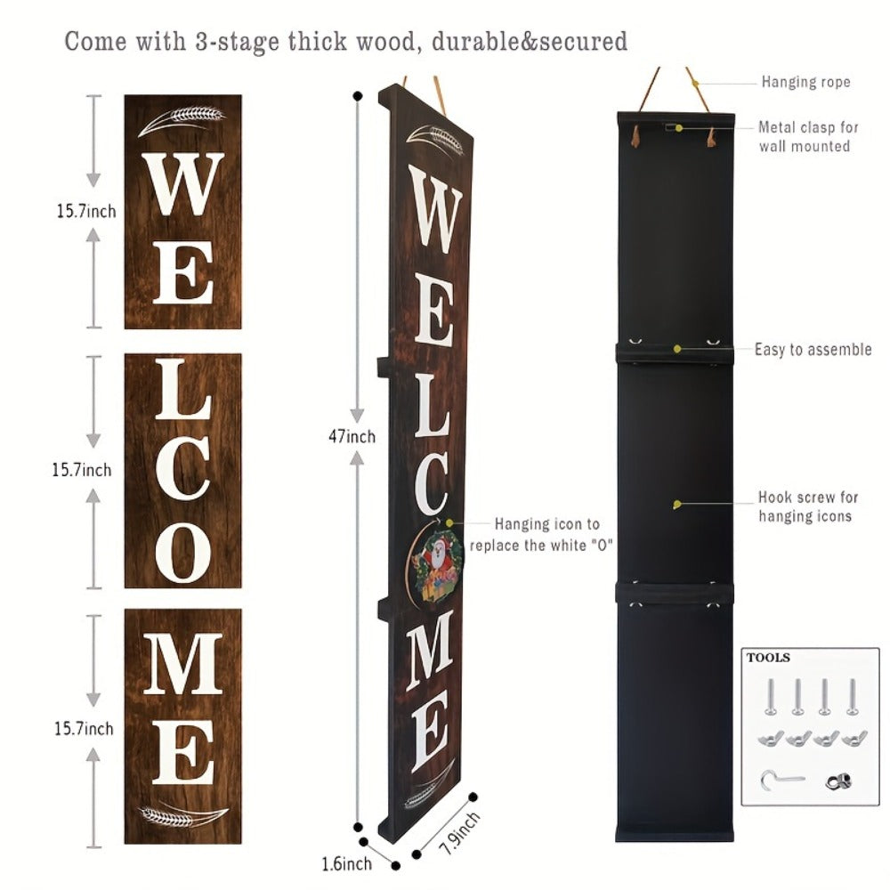 Porch Sign with 12 Interchangeable Seasonal Icons 47 Inch Tall - Welcome Sign for Front Door, Wind Resistant Leaner Board for Patio Yard Farmhouse Entryway, 4th of July Independence Day Decor