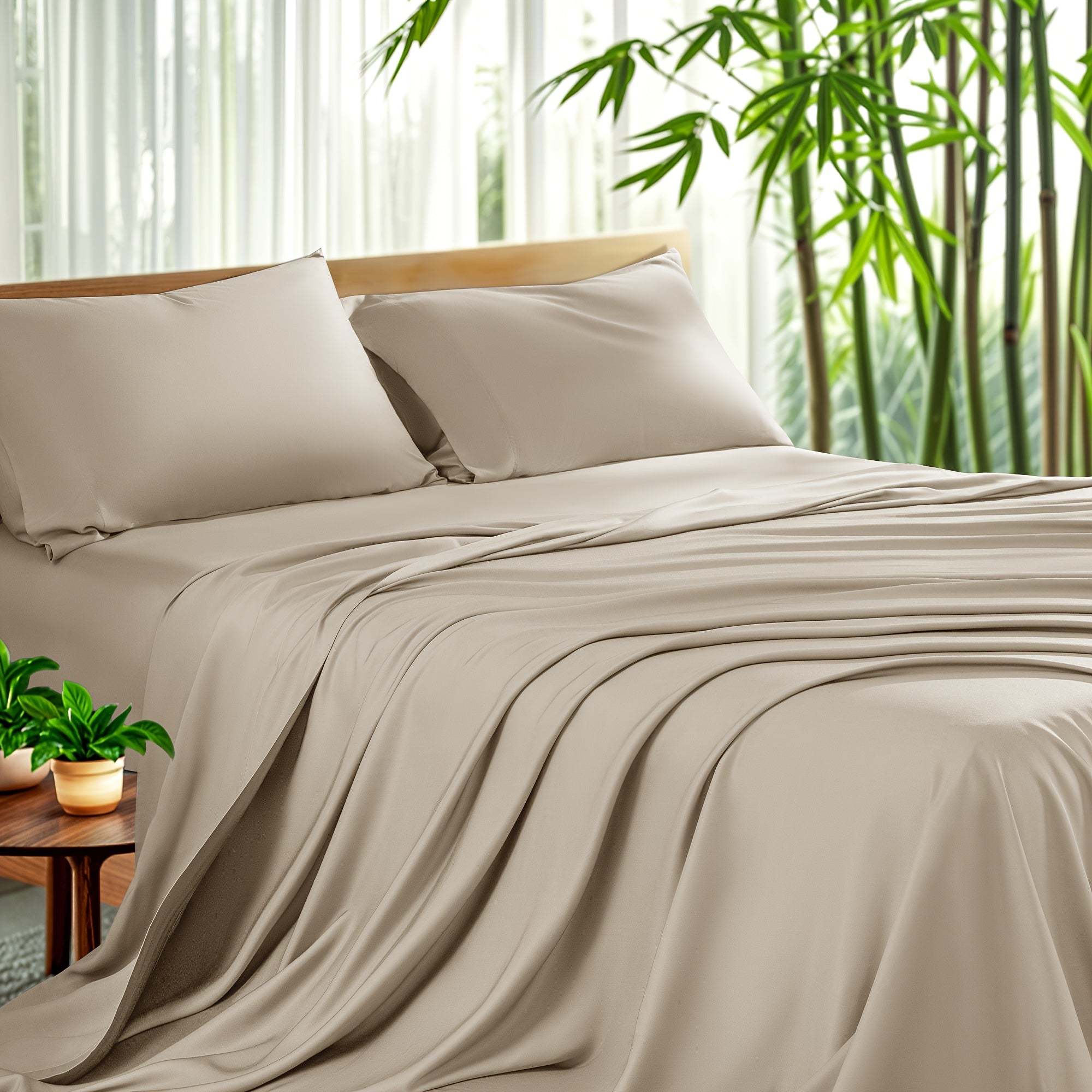 Bamboo Sheet Set 4pcs Cooling Deep Pocket Wrinkle Resistant Bedding All-Season Fitted Flat Sheet 2 Pillowcases Gift Box