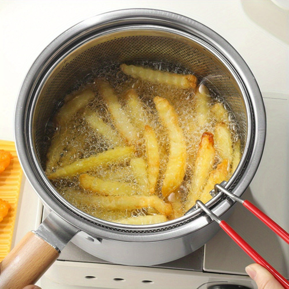 Stainless Steel Deep Fryer Pot Set with Frying Basket & Glass Lid, Non-Stick Multi-Function Cookware for Deep Frying, Noodles, Steaming & Ricotta, Induction & Gas Compatible