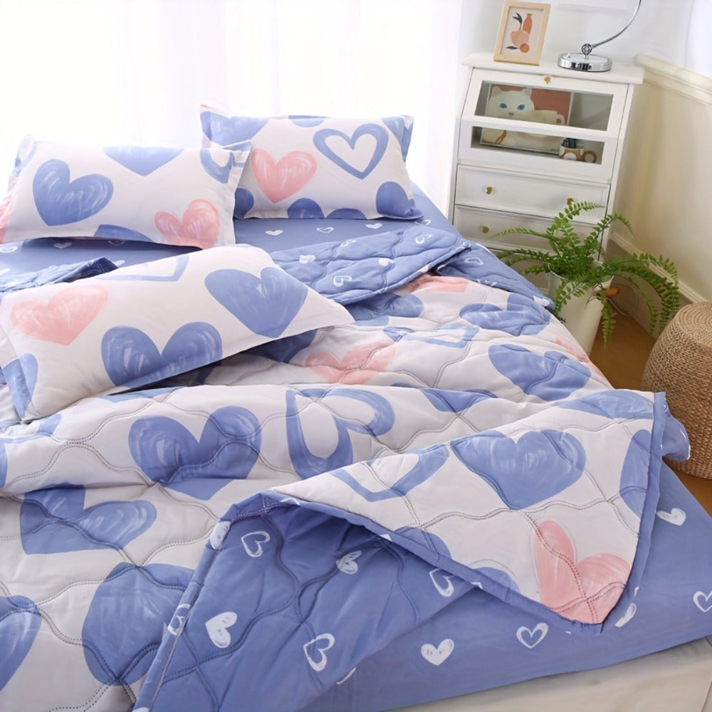 Summer Cooling Quilt Set 3-Piece, Skin-Friendly Thin Comforter with Embossed Print, Soft Breathable Four-Season Lightweight Quilt + 2 Pillowcases for Bedroom Hotel Sofa Single Double Full