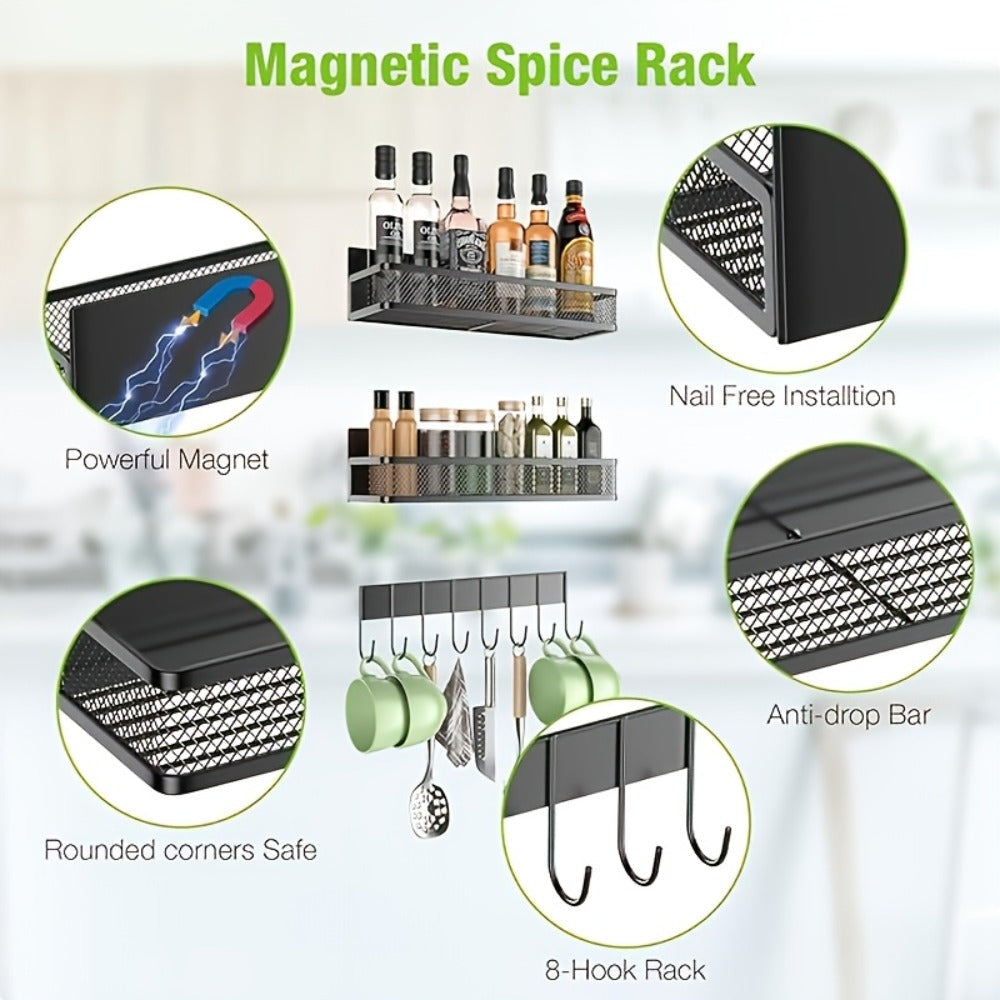 Magnetic Floating Shelf for Refrigerator 4-Piece Set with Hooks Strong Magnet Kitchen Organizer Fridge Side Storage for Spices Bottles Dorm