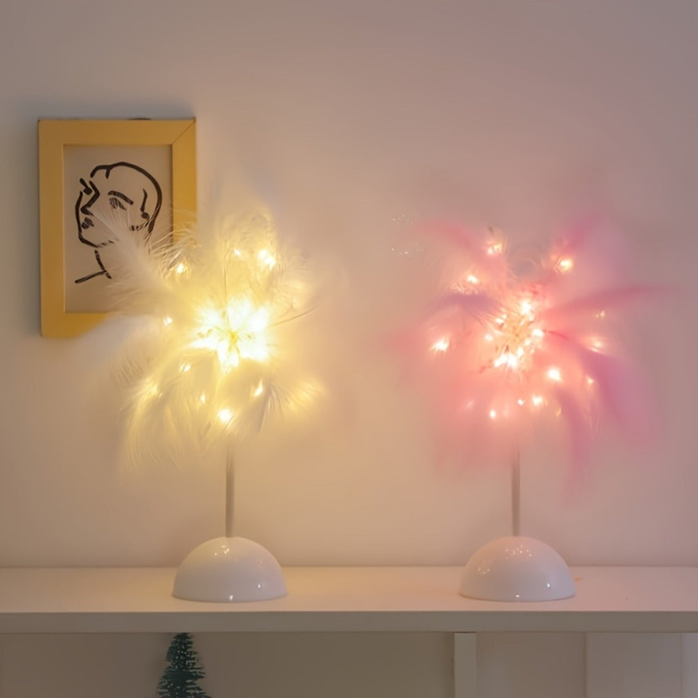 Feather LED Table Lamp ¨C 40-Head Copper Wire Night Light, Romantic Atmosphere Lamp for Bedroom Living Room, Cute Desk Decor Light for Birthday Valentine's Day Gift (White / Pink, 1pc / 2pcs)