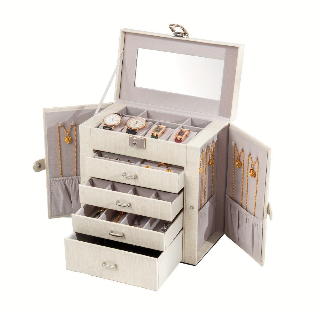 Large Jewelry Box 5-Tier PU Leather Organizer with Lock & Mirror ¨C Storage Case for Bracelets, Earrings, Rings & Necklaces