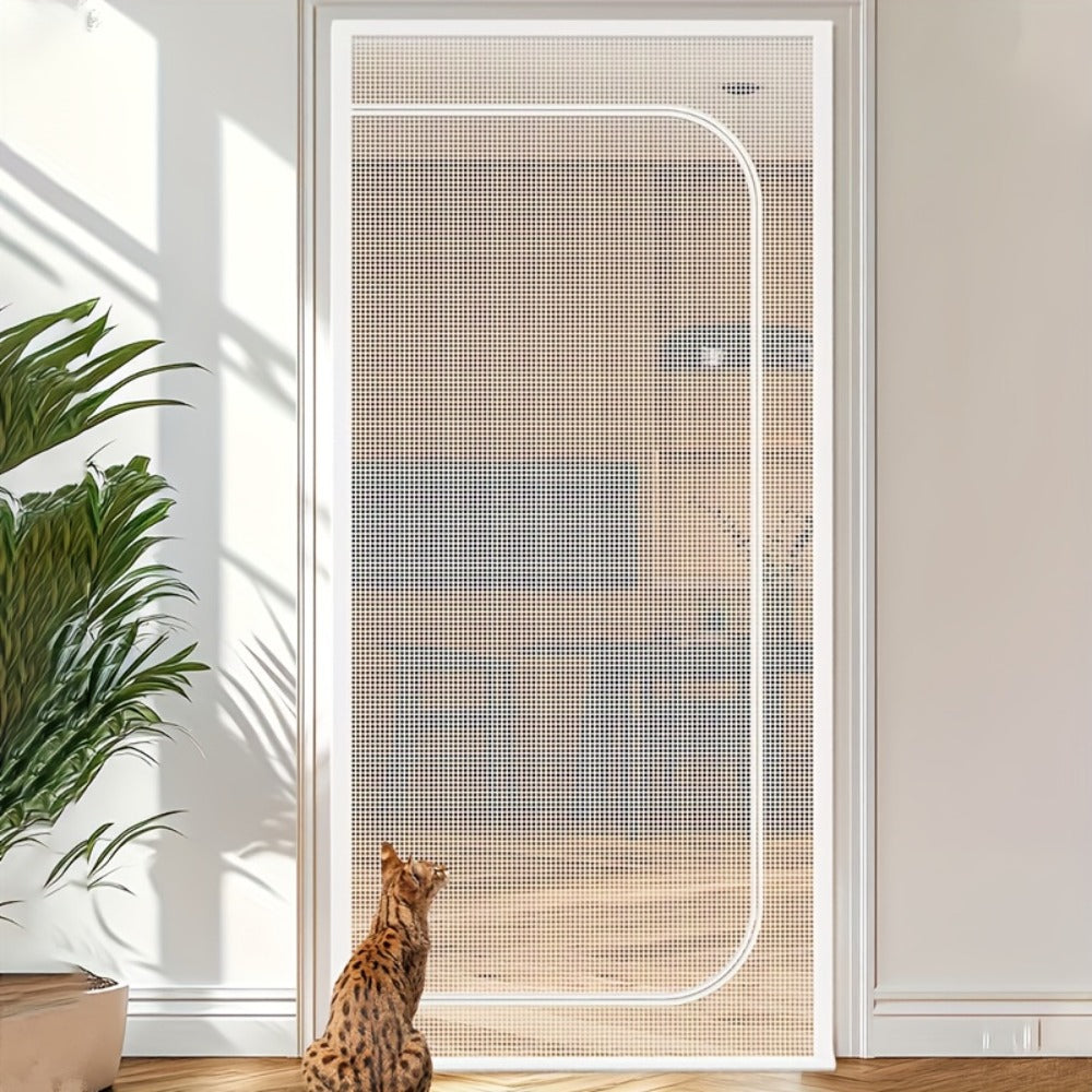 Cat Proof Door Curtain Pet Gate - Double Stitched Durable Scratch-Resistant Screen, Indoor Cat Barrier Door Cover for Doorways, Multiple Sizes, White & Black, Keep Cats In or Out of Rooms