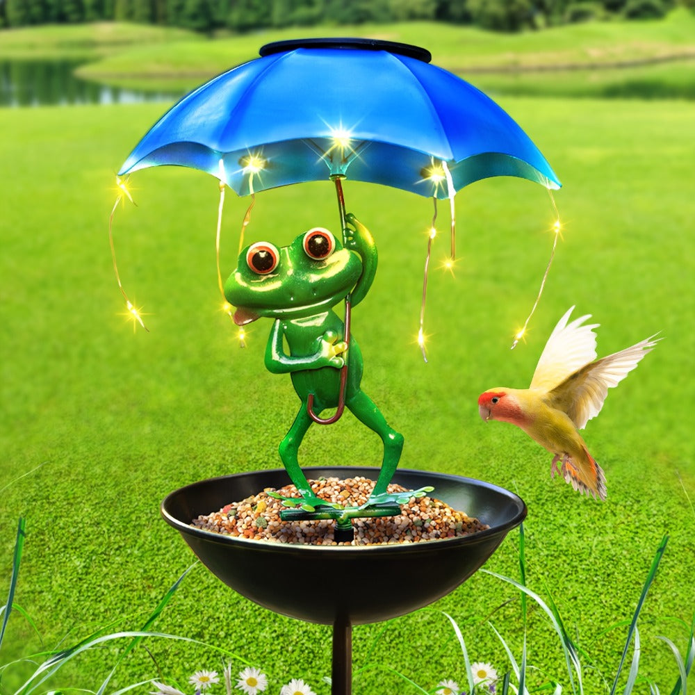 Solar Garden Decor Frog with Umbrella LED Light ¨C Iron Frog Outdoor Statue with Solar Powered LED | Bird Feeder Garden Ornament for Patio, Lawn, Pathway & Deck | Unique Valentine Gift Yard Decoration
