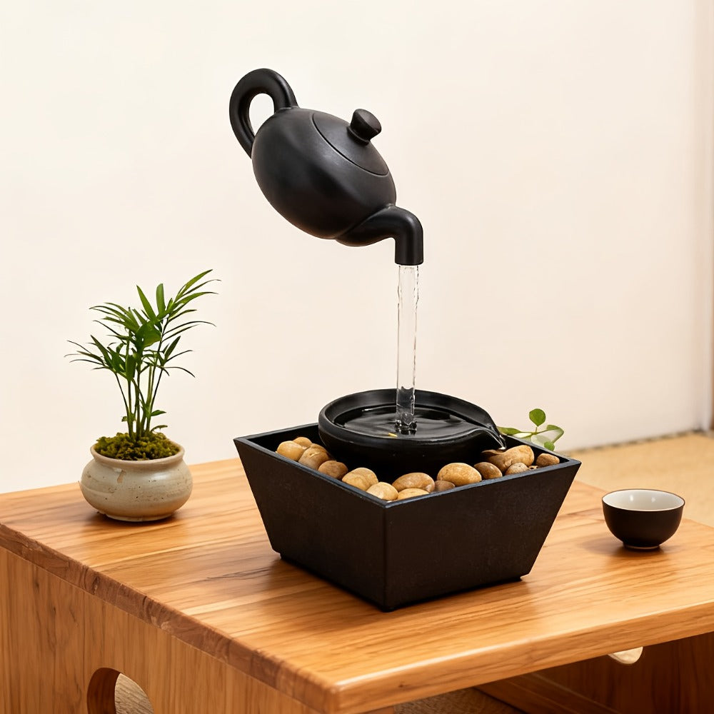Tabletop Water Fountain with LED Light Zen Teapot Indoor Relaxation Fountain Black Resin Pebble Bed Soothing Water Flow Meditation Decor Home Office Desk Zen Garden Gift