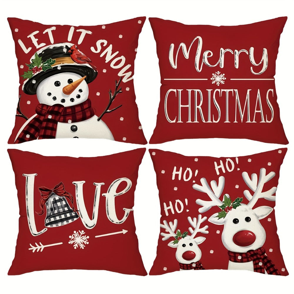 Christmas Throw Pillow Covers 4pcs Set 18x18 | Reindeer Snowman Buffalo Plaid Cushion Covers, Winter Holiday Farmhouse Home Decor, Sofa Couch Porch Patio, No Insert