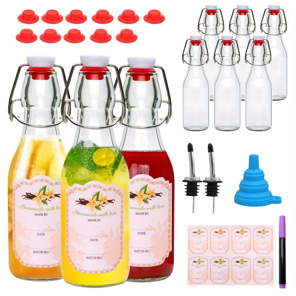 Glass Swing Top Bottles 8.45oz ¨C Round Iron Clasp Airtight Bottle Set with Funnel for Juice, Kombucha, Syrup & Oil Storage, Reusable Flip Cap Glass Bottles (6, 9, 12 or 18 Pack)
